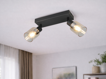 2-flammiger Deckenstrahler mit amberfarbigen Glasschirmen im Wohnraum montiert