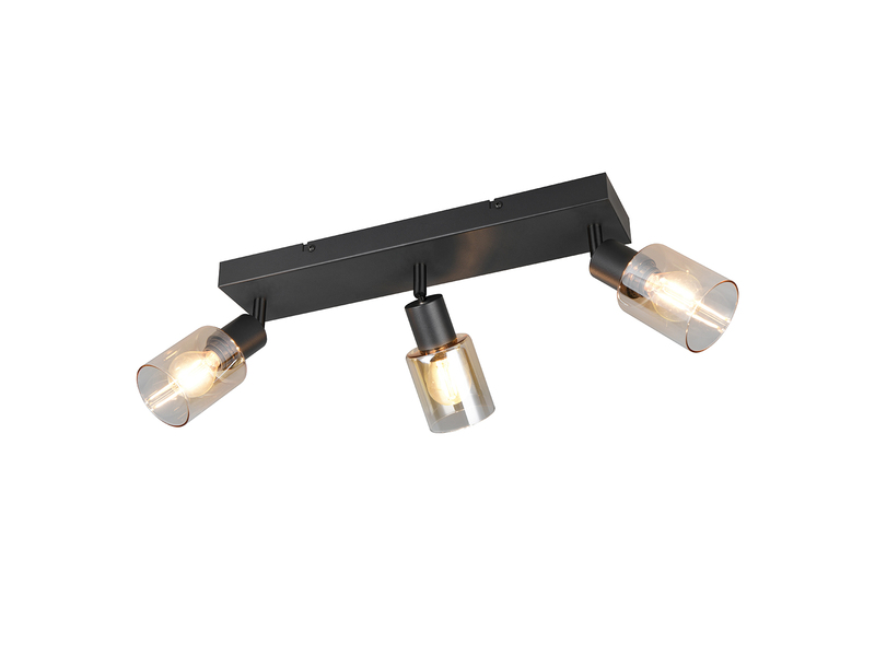 3-flammiger Deckenstrahler mit amberfarbigen Glasschirmen und schwarzer Montageplatte - Freistelleransicht