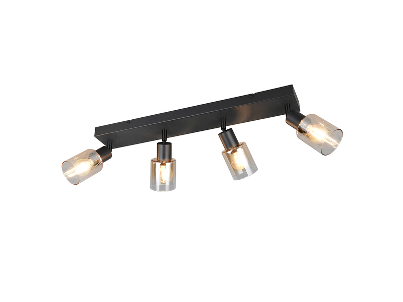 4-flammiger Deckenstrahler mit amberfarbigen Glasschirmen und schwarzer Montageplatte - Freistelleransicht