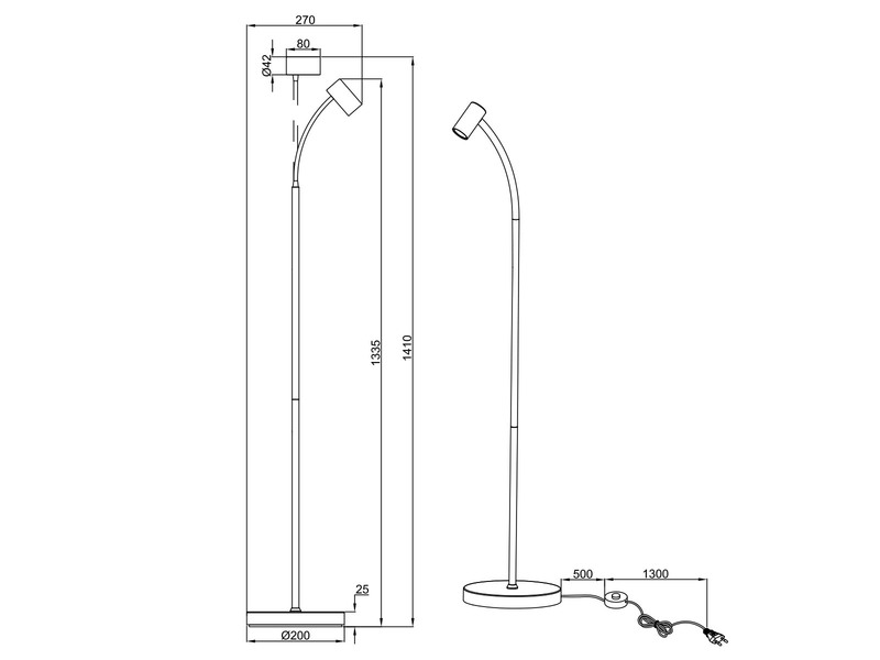 Schmale LED Stehlampe Schwarz dimmbar, flexibel einstellbarer Spot, Höhe 133,5cm