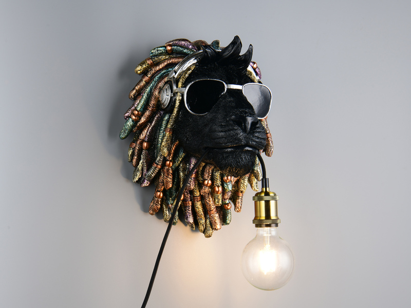 Ausgefallene Wandleuchte LEO Löwenkopf mit Stecker und Schalter, Höhe 38cm
