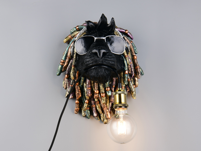 Ausgefallene Wandleuchte LEO Löwenkopf mit Stecker und Schalter, Höhe 38cm