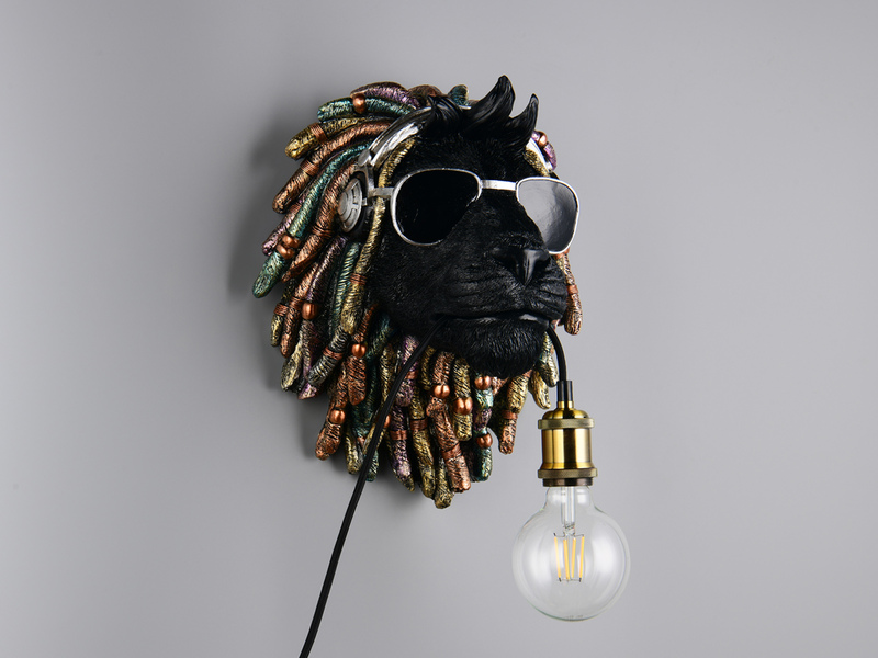 Ausgefallene Wandleuchte LEO Löwenkopf mit Stecker und Schalter, Höhe 38cm