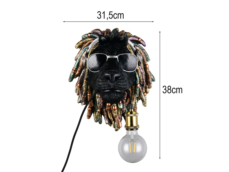 Ausgefallene Wandleuchte LEO Löwenkopf mit Stecker und Schalter, Höhe 38cm
