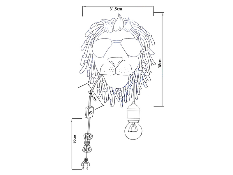 Ausgefallene Wandleuchte LEO Löwenkopf mit Stecker und Schalter, Höhe 38cm