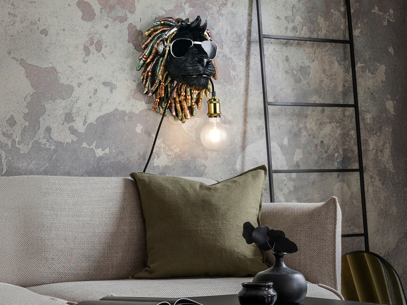 Ausgefallene Wandleuchte LEO Löwenkopf mit Stecker und Schalter, Höhe 38cm