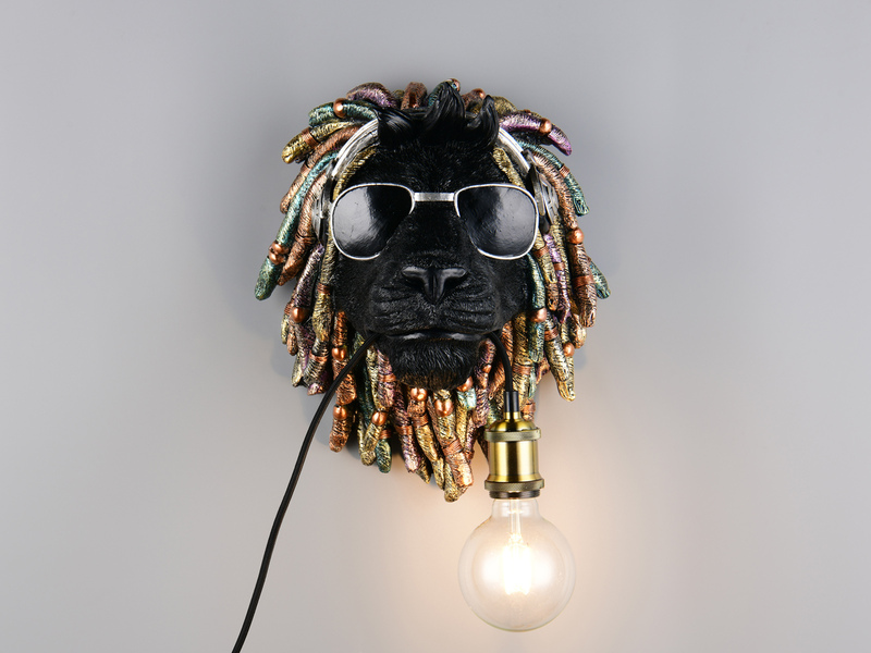 Ausgefallene Wandleuchte LEO Löwenkopf mit Stecker und Schalter, Höhe 38cm