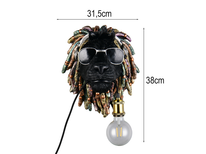 Ausgefallene LED Wandleuchte Löwenkopf mit Stecker und Schalter, Höhe 38cm