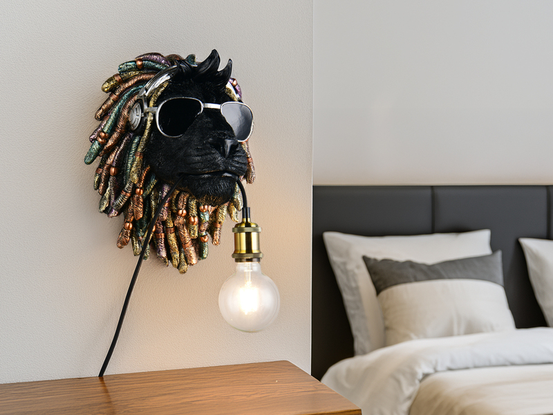 Ausgefallene LED Wandleuchte Löwenkopf mit Stecker und Schalter, Höhe 38cm