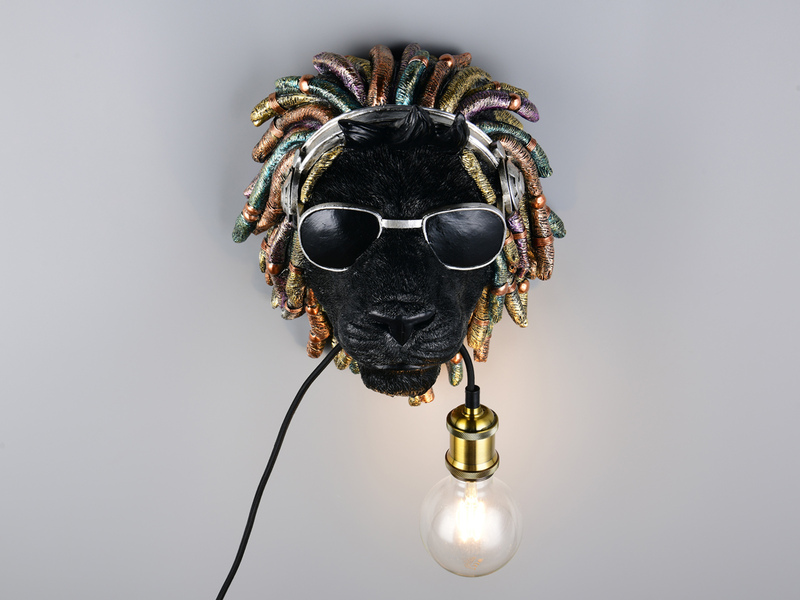 Ausgefallene LED Wandleuchte Löwenkopf mit Stecker und Schalter, Höhe 38cm