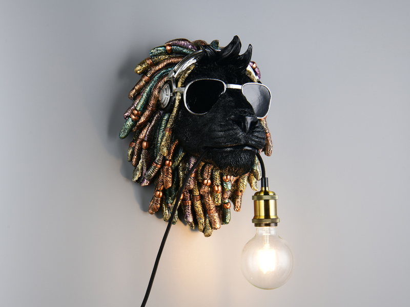 Ausgefallene LED Wandleuchte Löwenkopf mit Stecker und Schalter, Höhe 38cm