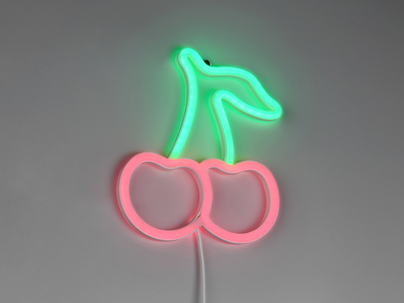 Leuchtende NEON-Wandlampe in Kirschform mit pinkem und grünem Licht an der Wand montiert