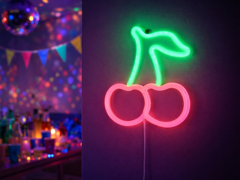 Neon-Wandlampe in Kirschform an der Wand montiert - Party-Atmosphäre