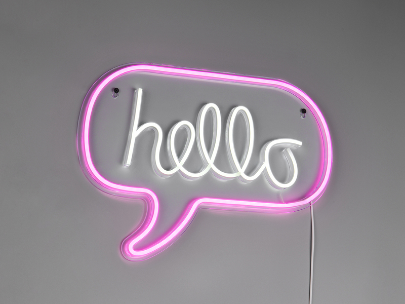 Ausgefallene Neon LED Wandleuchte HELLO mit USB Kabel & Schalter, Breite 43cm