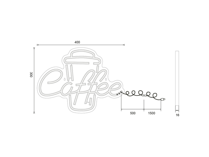 Ausgefallene Neon LED Wandlampe Café mit USB Kabel & Netzteil, Breite 40cm