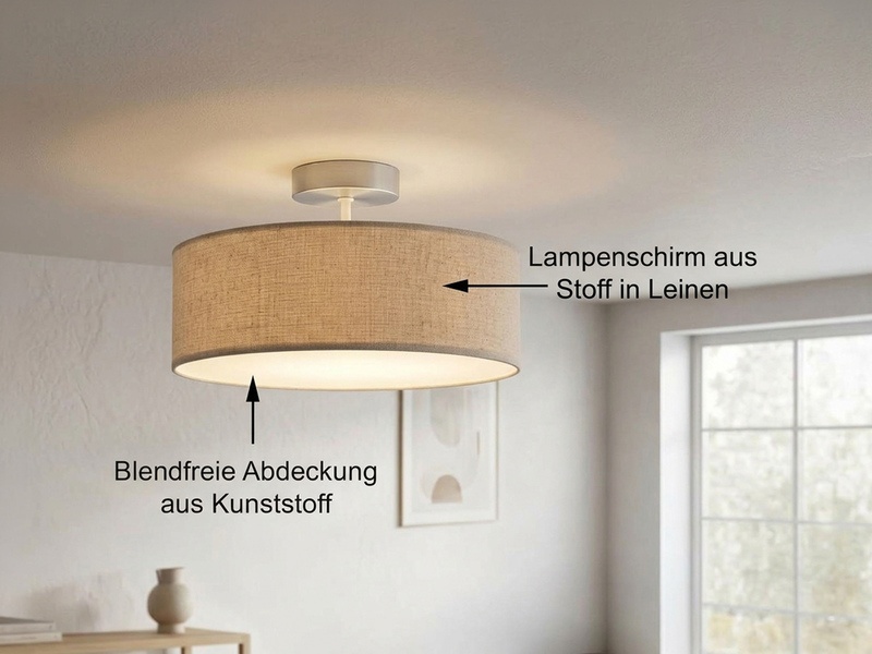 Runde zeitlose Deckenleuchte CALMA mit Stoffschirm in Leinen Ø 30cm