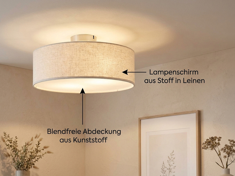Runde zeitlose Deckenleuchte CALMA mit Stoffschirm in Leinen Ø 40cm