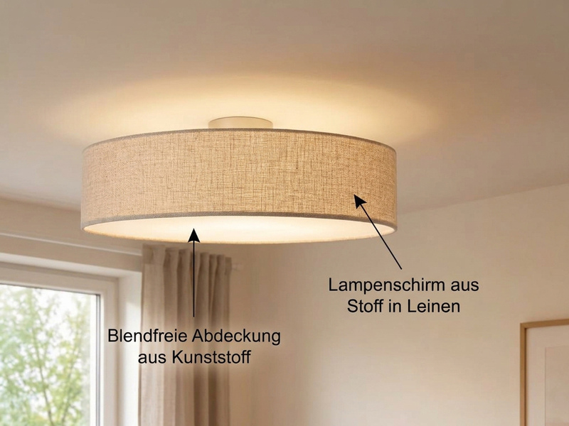Runde zeitlose Deckenleuchte CALMA mit Stoffschirm in Leinen Ø 50cm