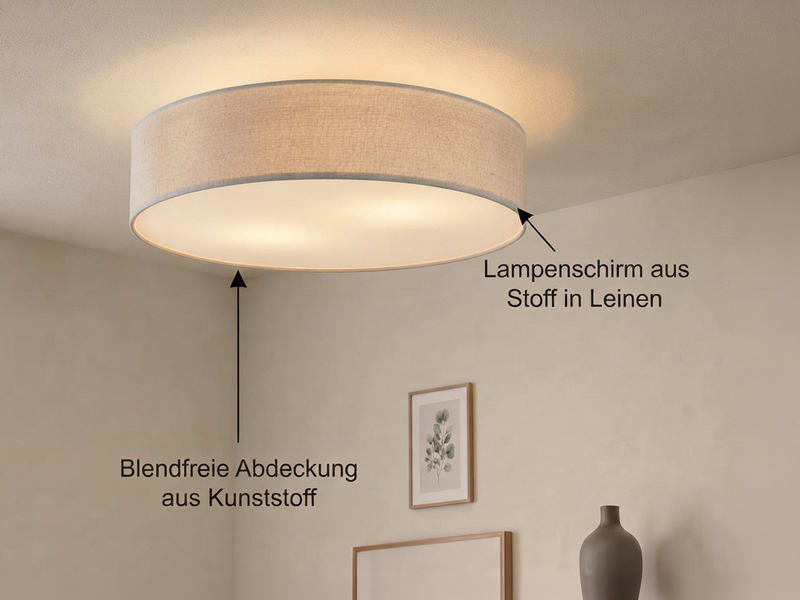 Runde zeitlose Deckenleuchte CALMA mit Stoffschirm in Leinen Ø 60cm