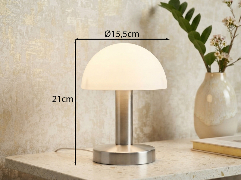 Kleine Tischlampe WARIN II Silber Glasschirm Weiß mit Touchfunktion, Höhe 21cm