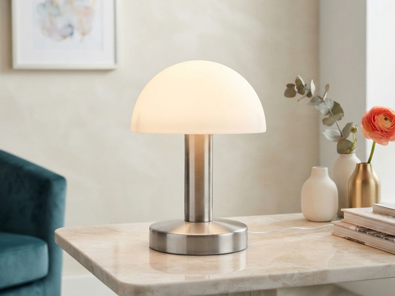 Kleine Tischlampe WARIN II Silber Glasschirm Weiß mit Touchfunktion, Höhe 21cm