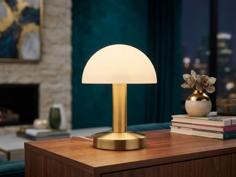 Kleine Tischlampe WARIN II Messing Glasschirm Weiß mit Touchfunktion, Höhe 21cm