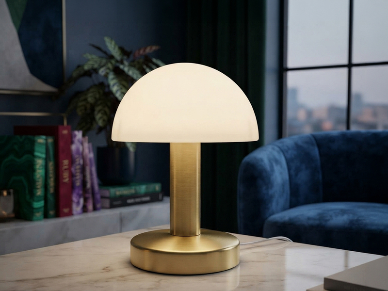 Kleine Tischlampe WARIN II Messing Glasschirm Weiß mit Touchfunktion, Höhe 21cm