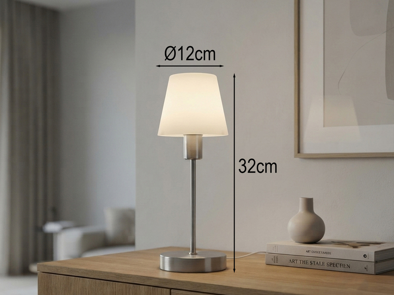 Tischlampe MATHA II Silber Glasschirm Weiß mit Touchfunktion, Höhe 32cm