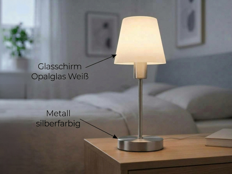 Tischlampe MATHA II Silber Glasschirm Weiß mit Touchfunktion, Höhe 32cm