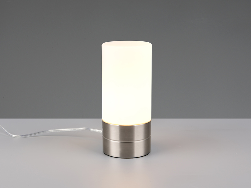 Kleine Tischlampe SARNO II Silber Glasschirm Weiß mit Touchfunktion, Höhe 20cm