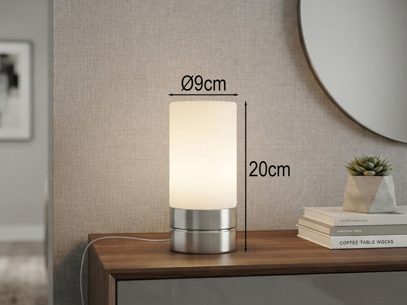 Kleine Tischlampe SARNO II Silber Glasschirm Weiß mit Touchfunktion, Höhe 20cm