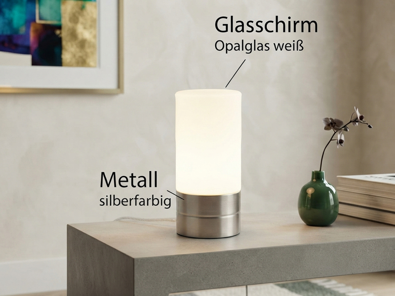 Kleine Tischlampe SARNO II Silber Glasschirm Weiß mit Touchfunktion, Höhe 20cm