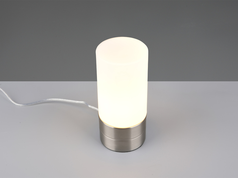 Kleine Tischlampe SARNO II Silber Glasschirm Weiß mit Touchfunktion, Höhe 20cm