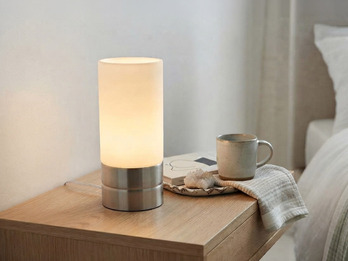 Kleine Tischlampe SARNO II Silber Glasschirm Weiß mit Touchfunktion, Höhe 20cm