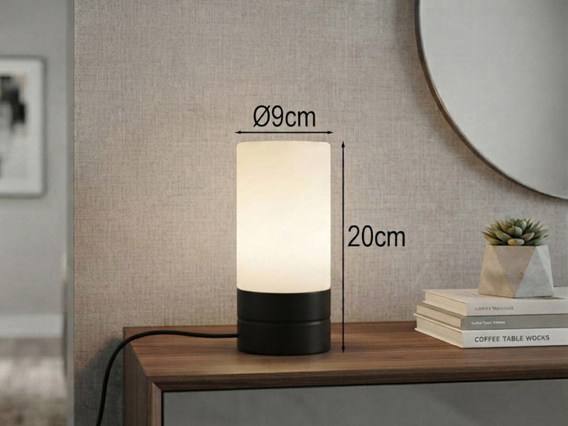 Kleine Tischlampe SARNO II Schwarz Glasschirm Weiß mit Touchfunktion, Höhe 20cm
