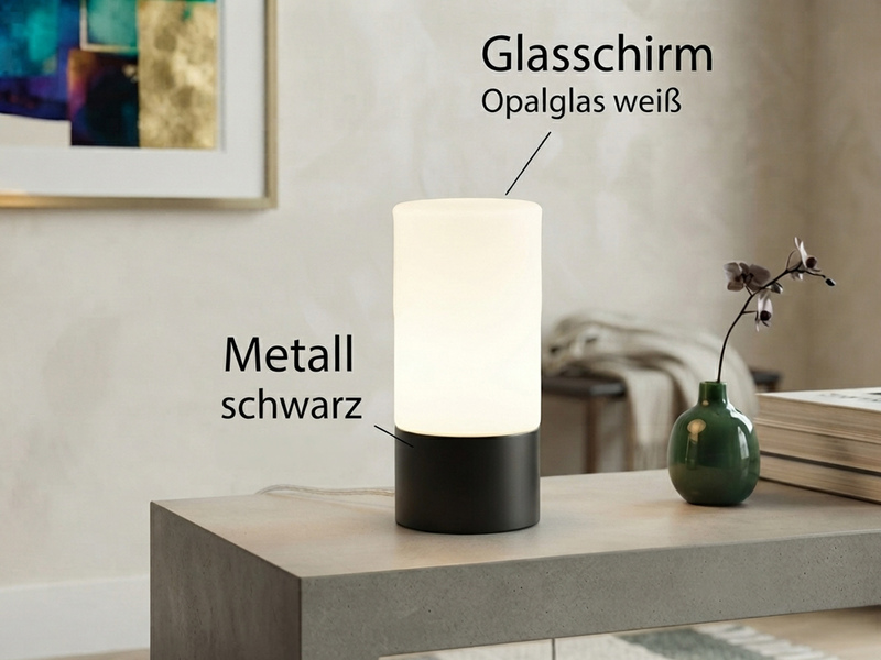 Kleine Tischlampe SARNO II Schwarz Glasschirm Weiß mit Touchfunktion, Höhe 20cm