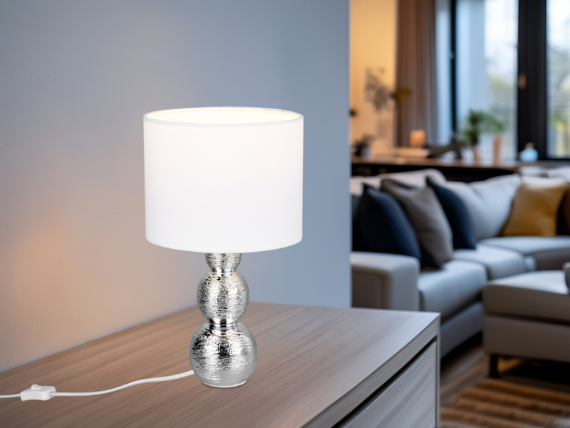 Tischleuchte LOVA mit Keramikfuß Silber & Stoffschirm Weiß, Höhe 29cm