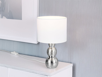 Tischleuchte LOVA mit Keramikfuß Silber & Stoffschirm Weiß, Höhe 29cm