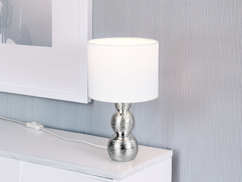 Tischleuchte LOVA mit Keramikfuß Silber & Stoffschirm Weiß, Höhe 29cm