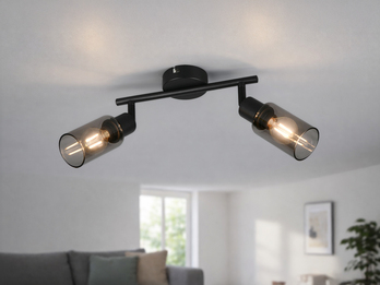 Deckenstrahler MARS 2-flammig Schwarz mit Rauchglas Lampenschirmen, Breite 25cm