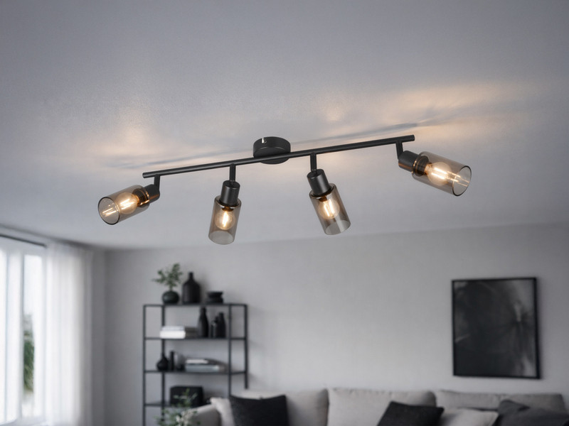 Deckenstrahler MARS 4-flammig Schwarz mit Rauchglas Lampenschirmen, Breite 60cm