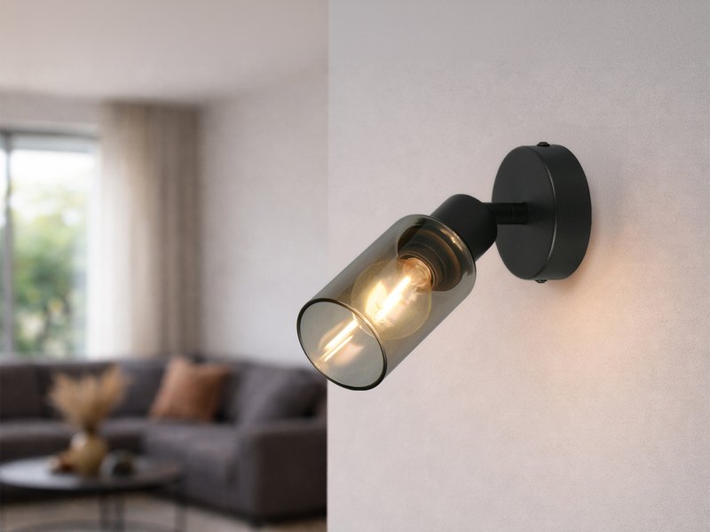 LED Wandstrahler Schwarz mit Rauchglas Lampenschirm, Höhe 17,5cm