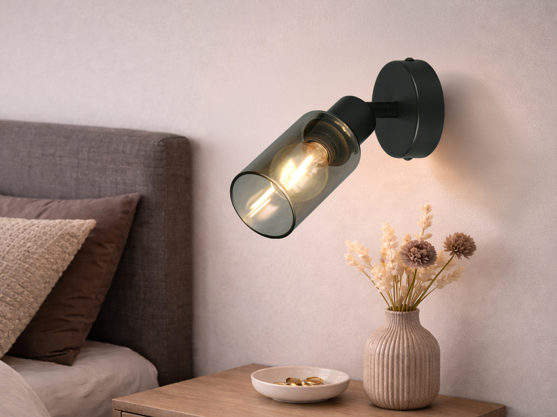 LED Wandstrahler Schwarz mit Rauchglas Lampenschirm, Höhe 17,5cm