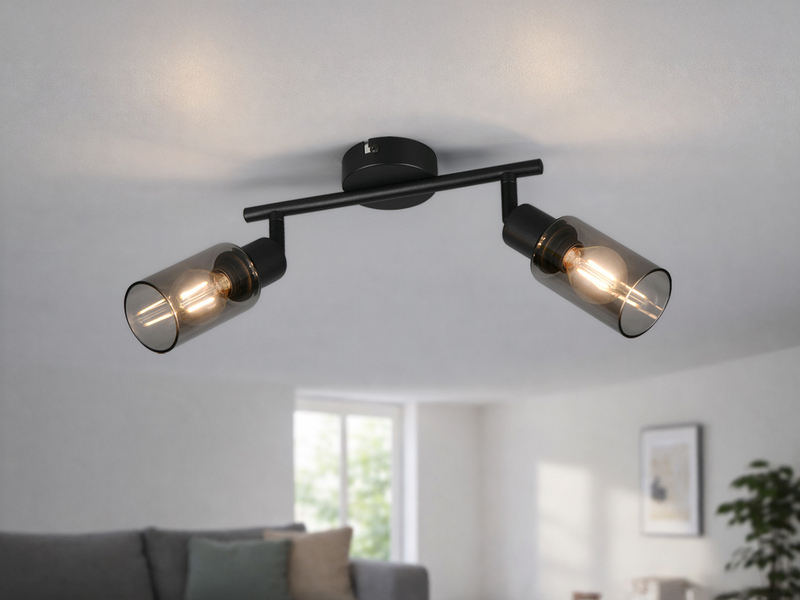 LED Deckenstrahler 2-flammig Schwarz mit Rauchglas Lampenschirmen, Breite 25cm