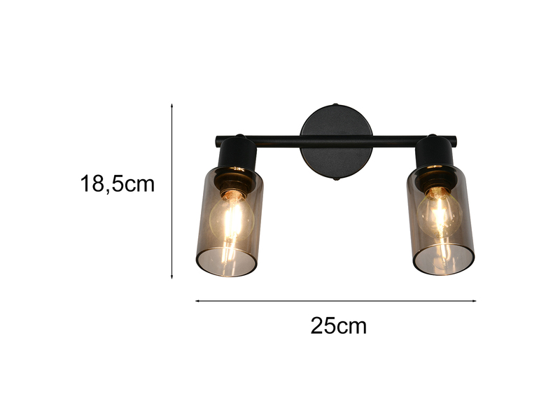 LED Deckenstrahler 2-flammig Schwarz mit Rauchglas Lampenschirmen, Breite 25cm