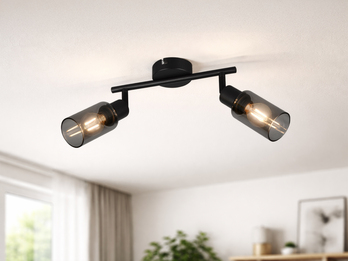 LED Deckenstrahler 2-flammig Schwarz mit Rauchglas Lampenschirmen, Breite 25cm