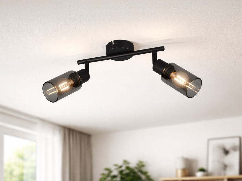 LED Deckenstrahler 2-flammig Schwarz mit Rauchglas Lampenschirmen, Breite 25cm
