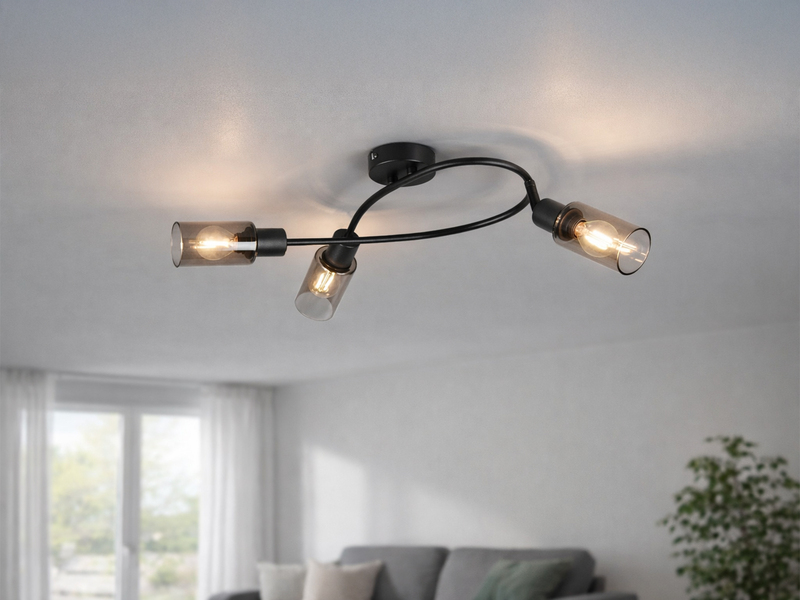 LED Deckenstrahler 3-flammig Schwarz mit Rauchglas Lampenschirmen, Breite 45cm