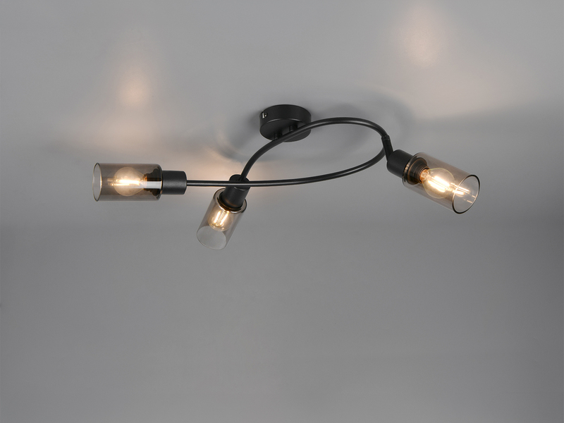 LED Deckenstrahler 3-flammig Schwarz mit Rauchglas Lampenschirmen, Breite 45cm