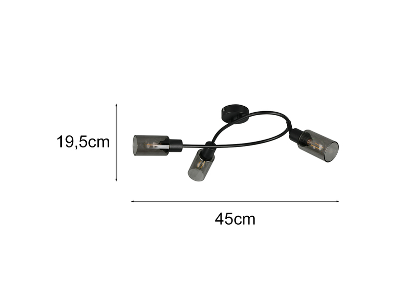 LED Deckenstrahler 3-flammig Schwarz mit Rauchglas Lampenschirmen, Breite 45cm